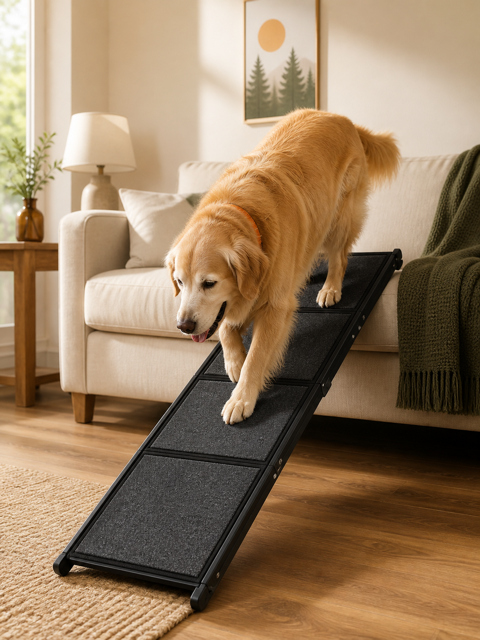 Black Foldable Non-Slip Dog Ramp — dog using the ramp